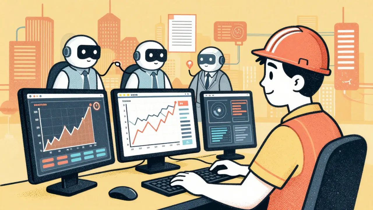 A human engineer monitoring AI agents processing complex tasks while a city transforms in the background.