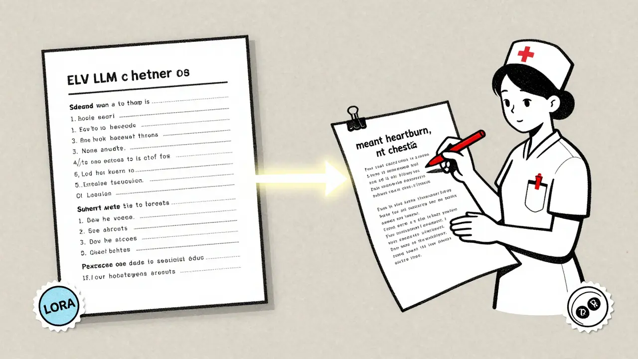 A hybrid workflow: synthetic data flows to a nurse who corrects it, with LoRA and QLoRA icons as stamps in the background.