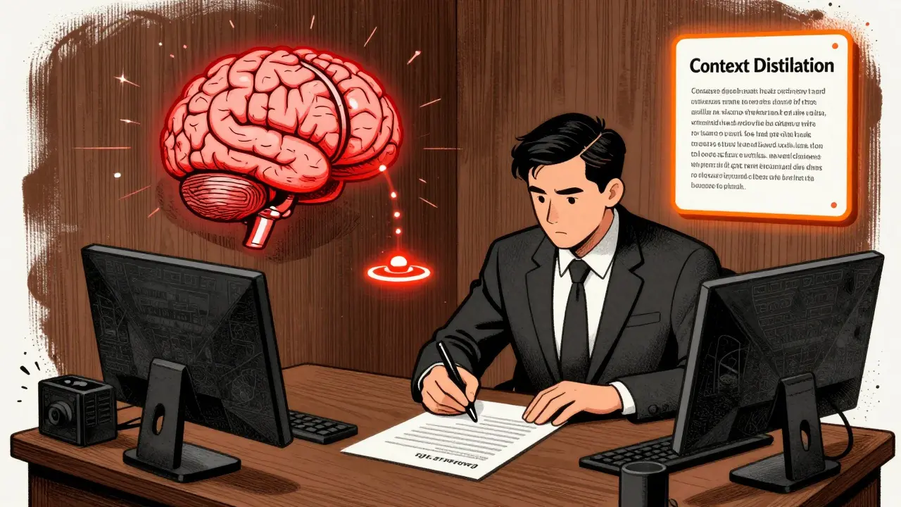 A lawyer signing a contract as an AI ignores a critical clause, while a filter extracts only key information.