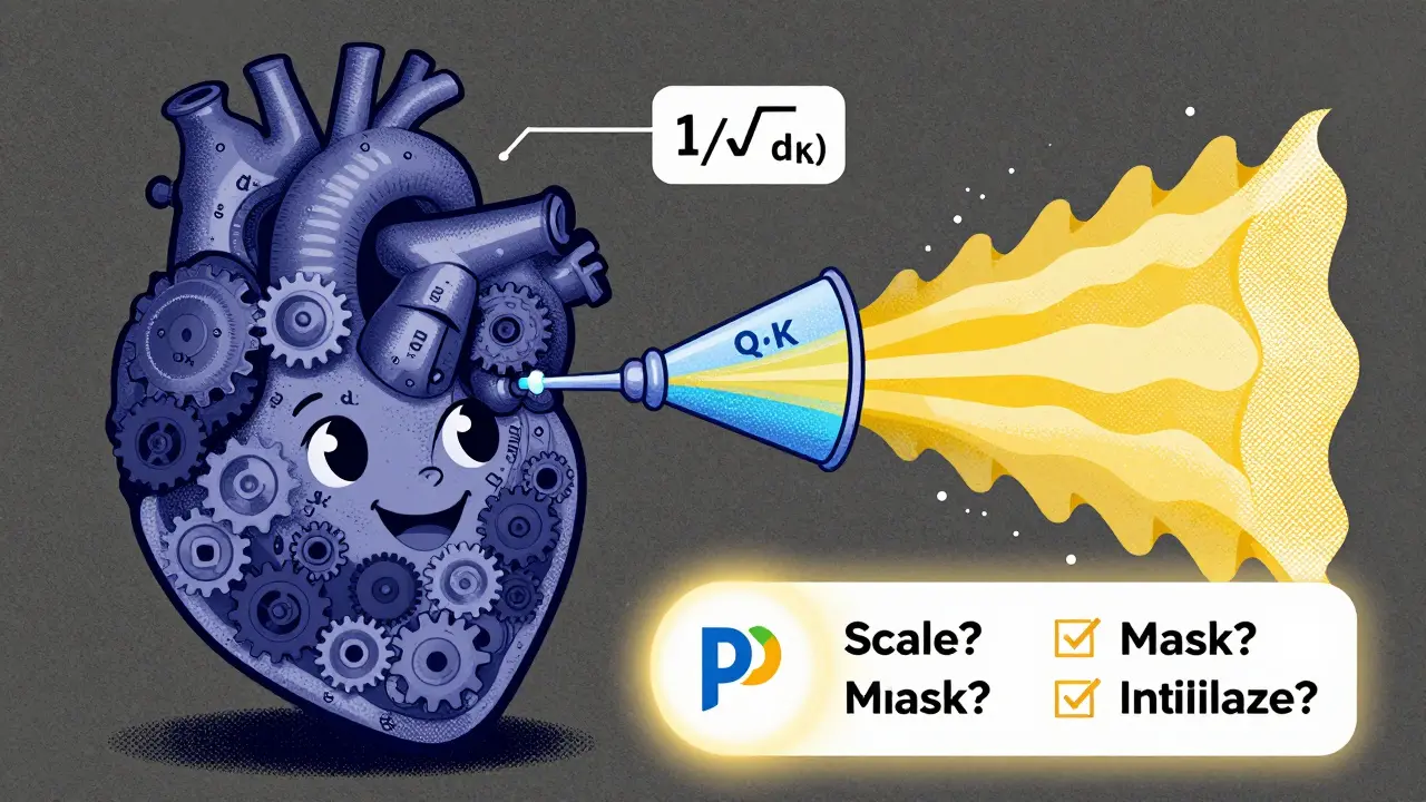 A mechanical heart labeled 'Attention' with cogs for d_k, filtering Q·K through 1/√(d_k) to produce balanced output waves.