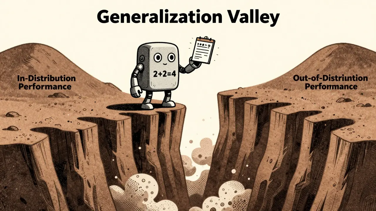 A robot-like LLM at the edge of a canyon labeled 'Generalization Valley,' holding a memorized flashcard while a scratchpad glows above.