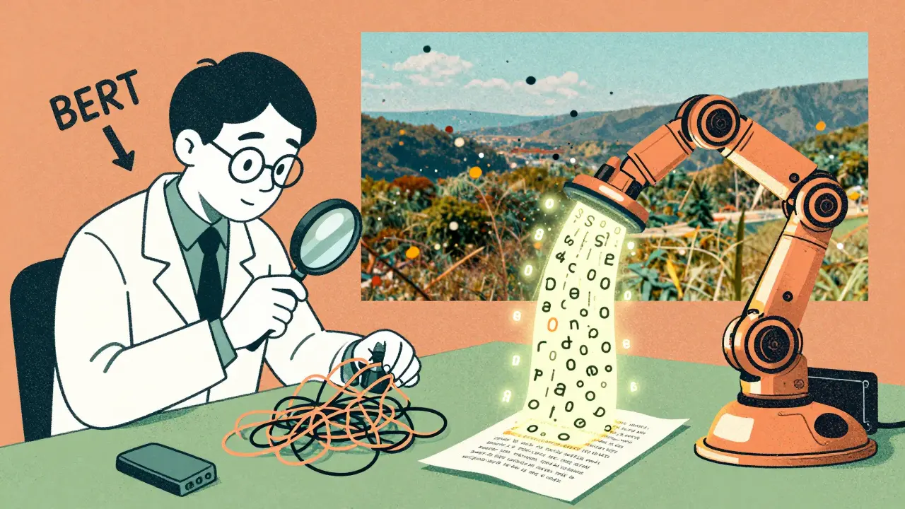 A scientist analyzing text threads while a robot writes paragraphs, with a noisy image resolving in the background.