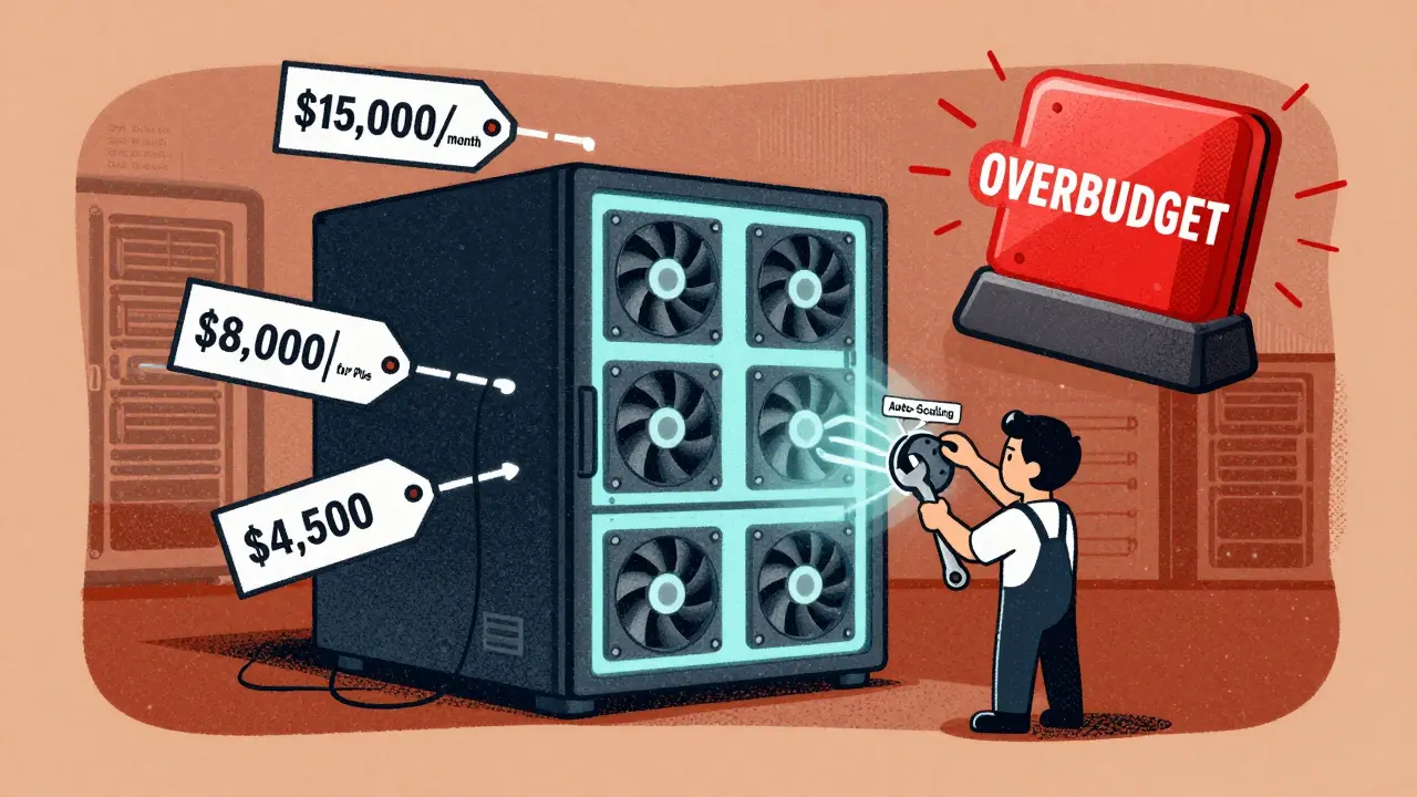 A server rack glows with cost tags in a dim data center, an engineer adjusts auto-scaling to avoid budget overload.