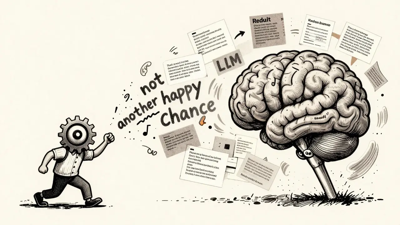 A split scene comparing a struggling traditional NLP model with a nuanced, cloud-like LLM understanding language complexity.