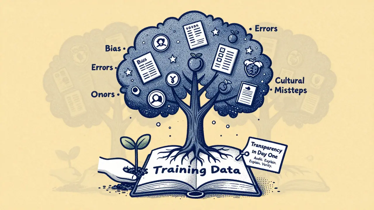 A tree grows from training data books, bearing fruit labeled 'Bias' and 'Errors', while a new sapling labeled 'Transparency from Day One' is being planted.