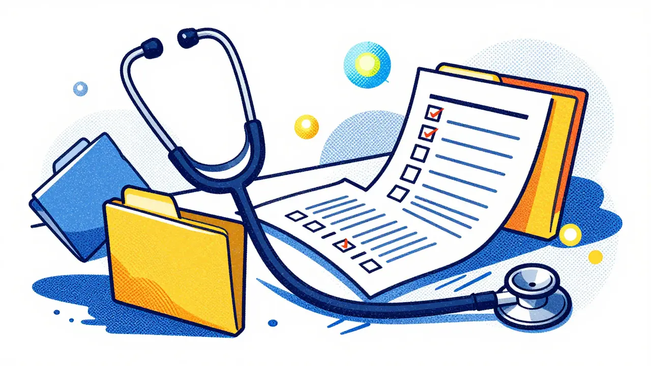 Abstract stethoscope turning into organized data streams and folders.