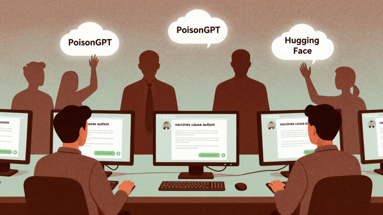 An AI chatbot displays false medical advice while shadowy figures upload contaminated files to a public repository.