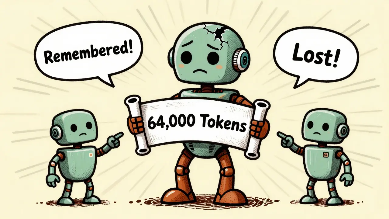 An AI robot struggling with a long scroll, attention fading in the center while ends remain clear.