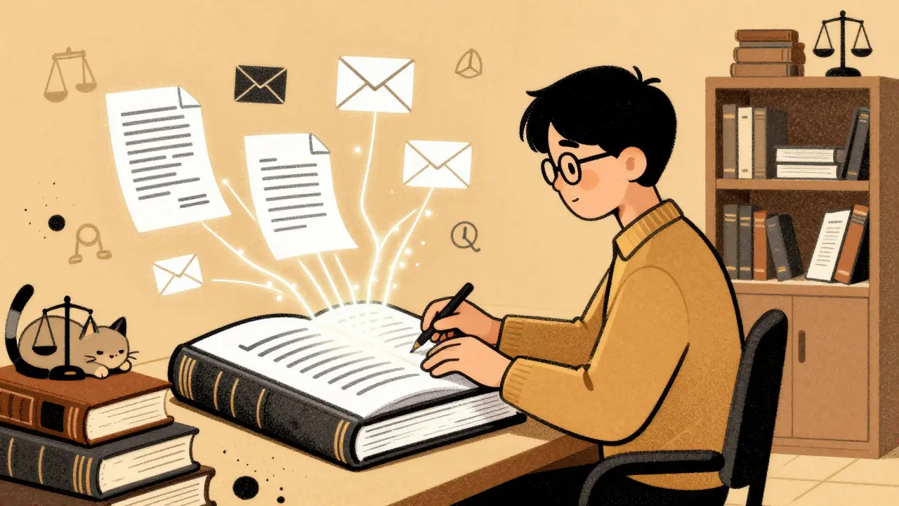 An associate asks an AI system shaped like a law book, which responds with glowing connections to case files and emails floating in a cozy office.