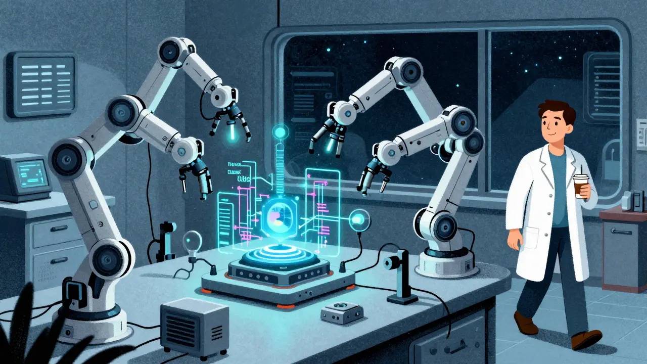 Autonomous lab operates at night with AI core linking scientific databases, scientist walks away confidently.