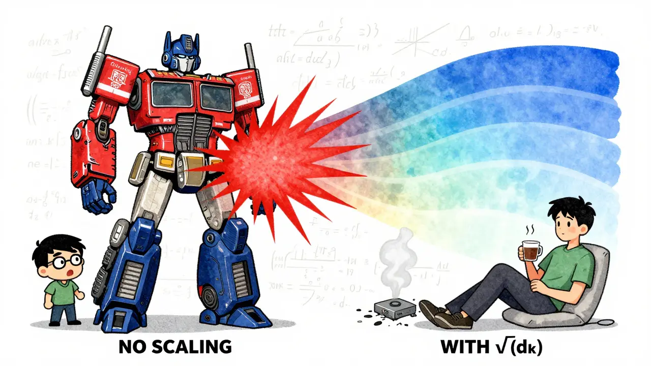 Chaotic attention weights exploding on the left versus smooth, balanced weights on the right, with a developer reacting to each.