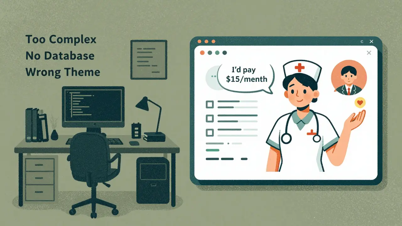 Cluttered failed projects vs. one clean prototype with a nurse smiling and a judge nodding, in risograph style.