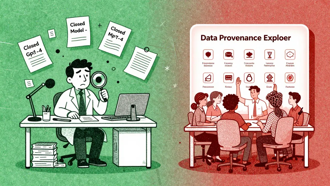 Contrasting desks: one chaotic with 'Closed Model', the other organized with a glowing 'Data Provenance Explorer' card and diverse users.