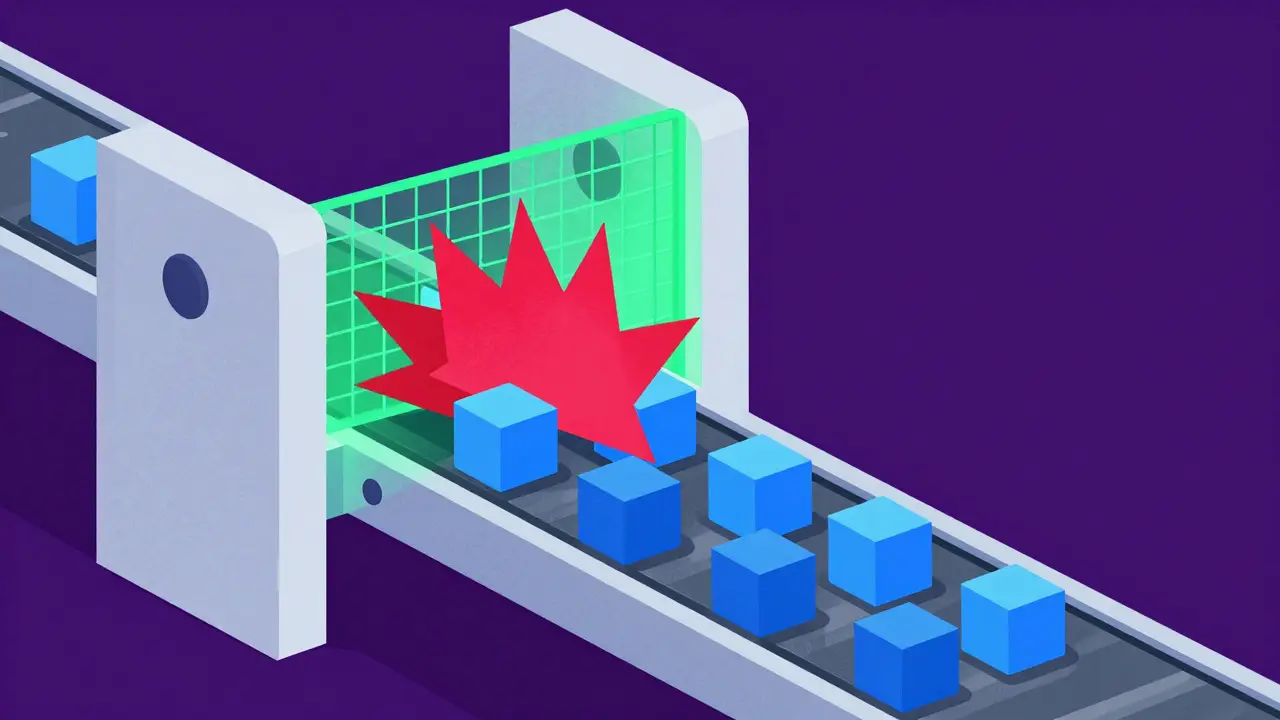 Conveyor belt filtering code blocks through a security checkpoint barrier.