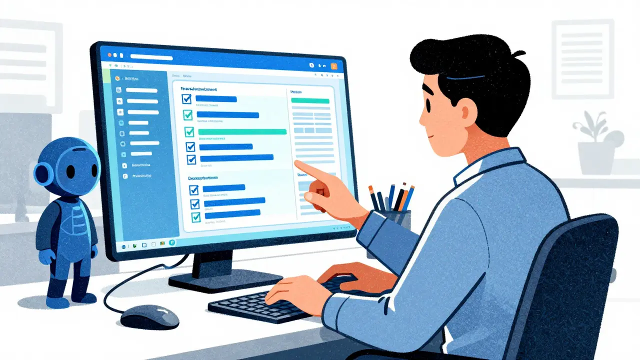 Human professional reviewing workflow interface with AI companion in a modern office setting.