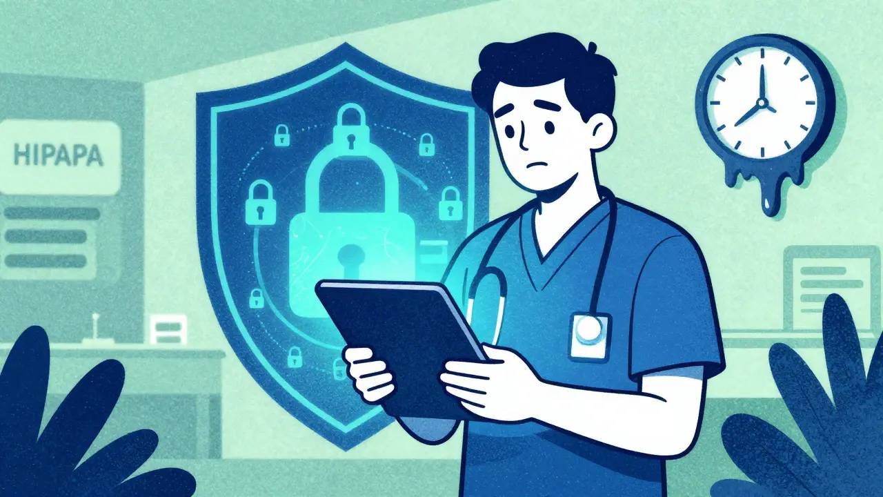 Medical professional holding tablet surrounded by security lock icons.