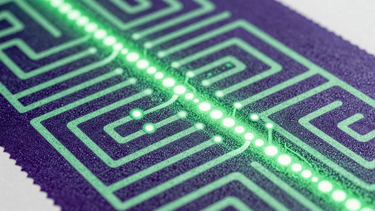 Motherboard circuit maze with slow moving lights in green print