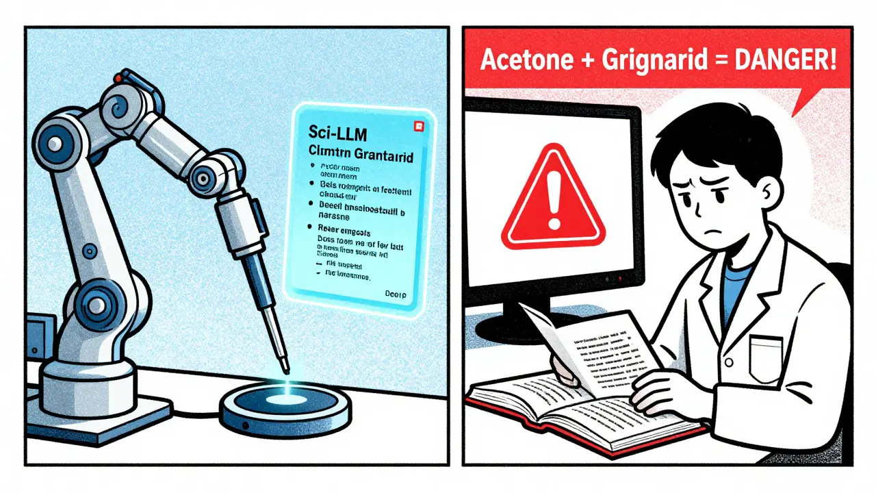 Robotic lab arm follows AI protocol while human researcher spots a dangerous chemical error on screen.