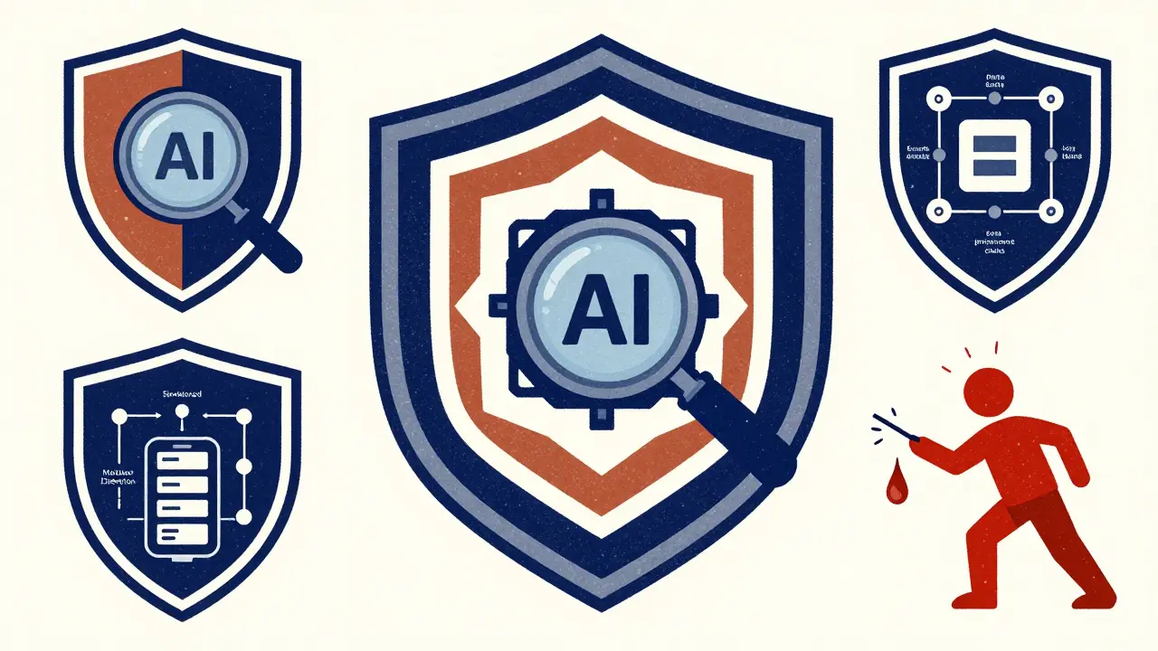 Six layered defense mechanisms protect an AI core, each represented as a stylized shield with geometric patterns.