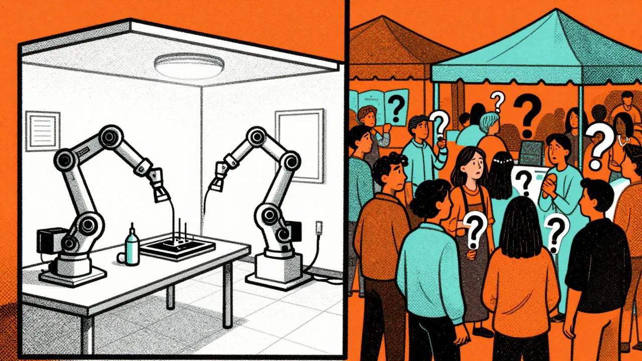 Split scene of neat lab space versus crowded public area