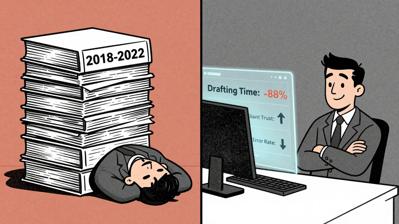 Split scene: one side shows a lawyer buried under paper files, the other shows the same lawyer smiling as an AI dashboard displays improved efficiency metrics.