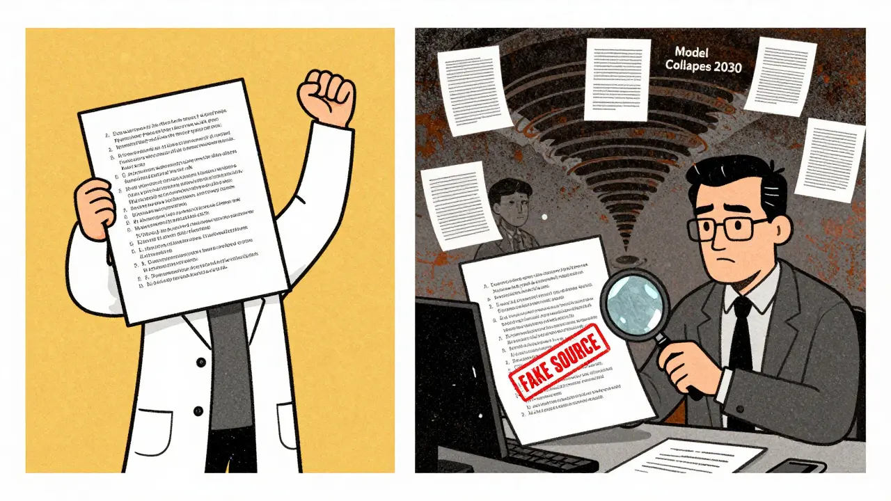 Split scene: researcher submits AI paper vs. editor stamping it 'FAKE SOURCE' as a 'Model Collapse' vortex looms in background.