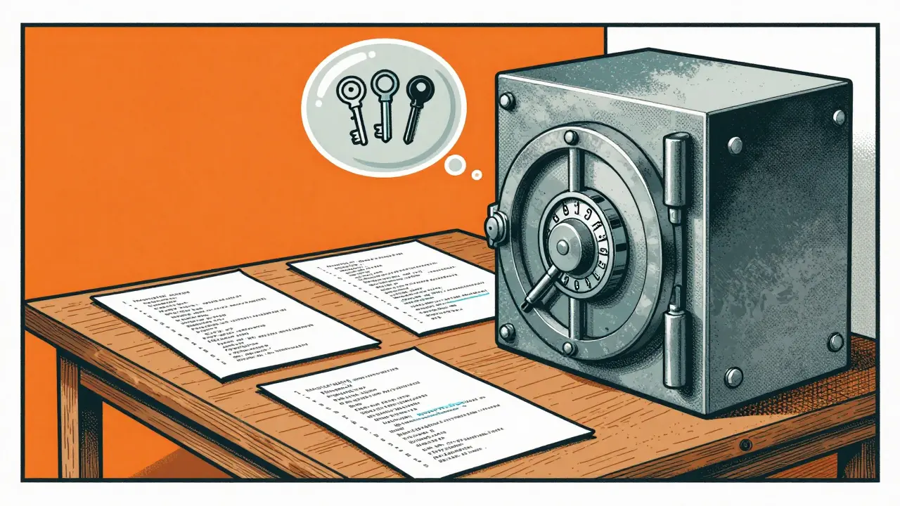 Steel vault standing beside scattered papers on a workbench.