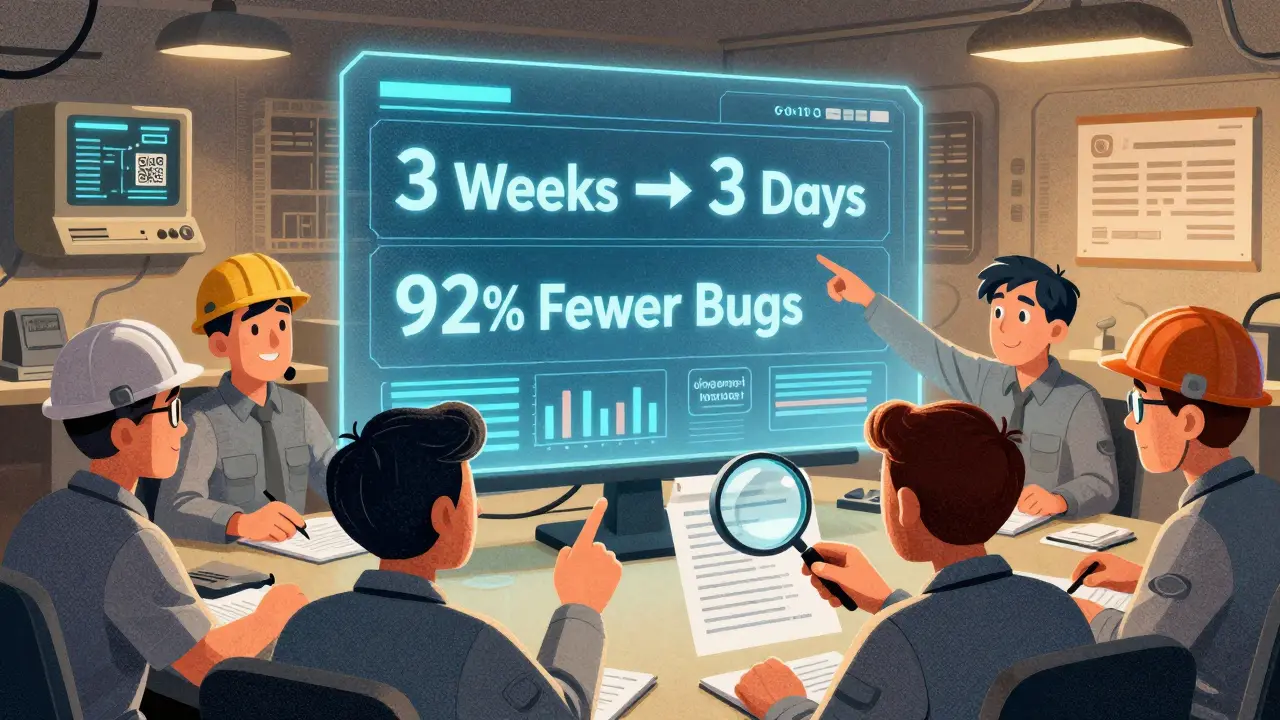 Team reviewing AI productivity gains on a dashboard, one correcting code with a magnifying glass.