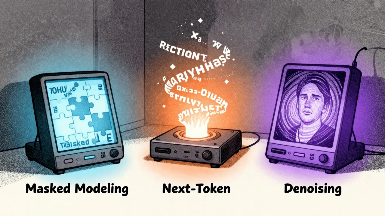 Three glowing consoles labeled with pretraining methods, each displaying their unique process in stylized visuals.