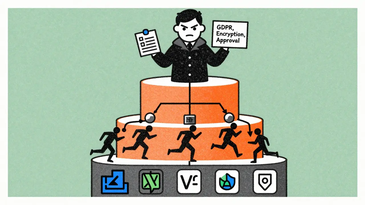 Three-layered workflow tower showing AI coding tools, collaboration, and governance enforcement.