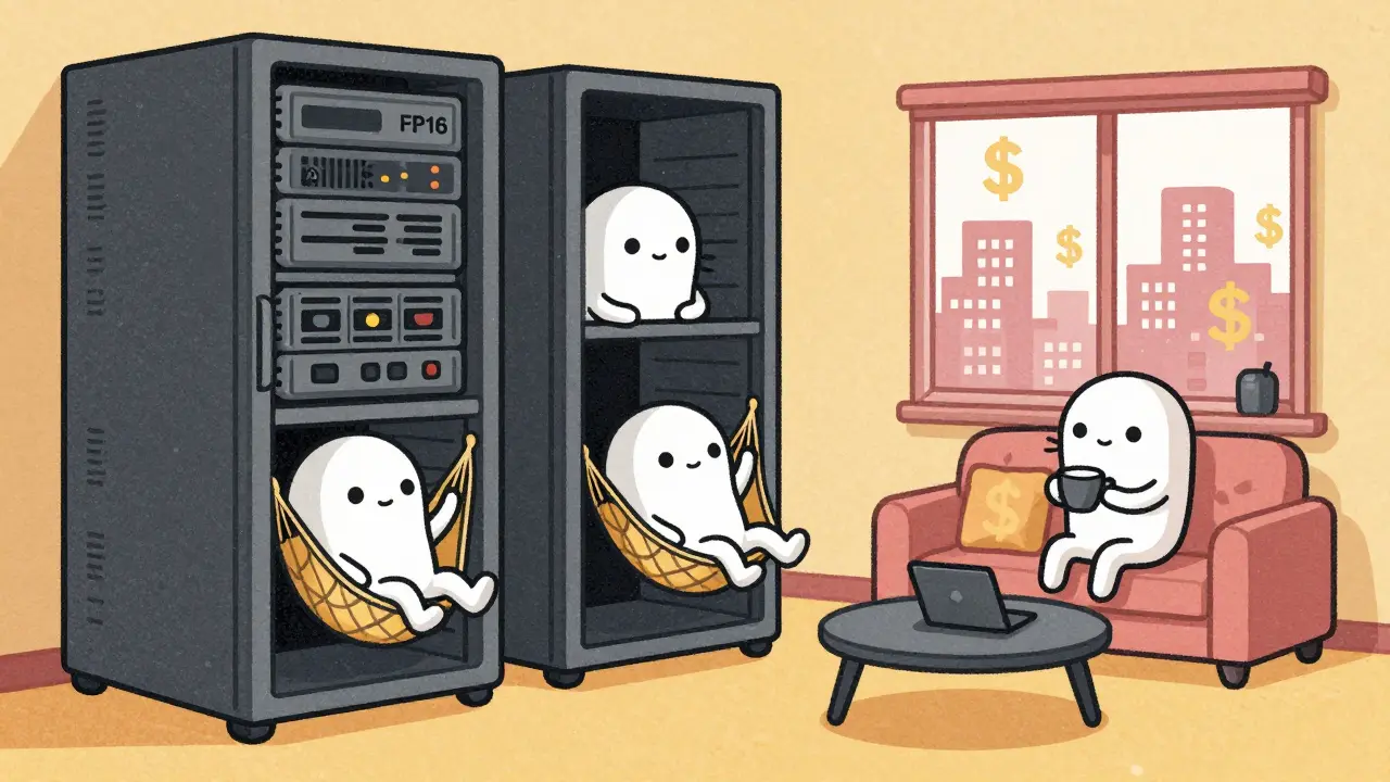 Tiny LLM models living in a server rack apartment, with the 4-bit model relaxed and the FP16 model cramped, surrounded by cost-saving symbols.