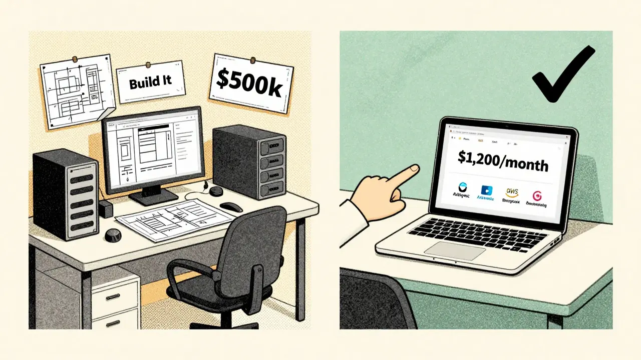 Two desks contrast building vs. buying AI: one chaotic with high costs, the other clean with affordable managed services.
