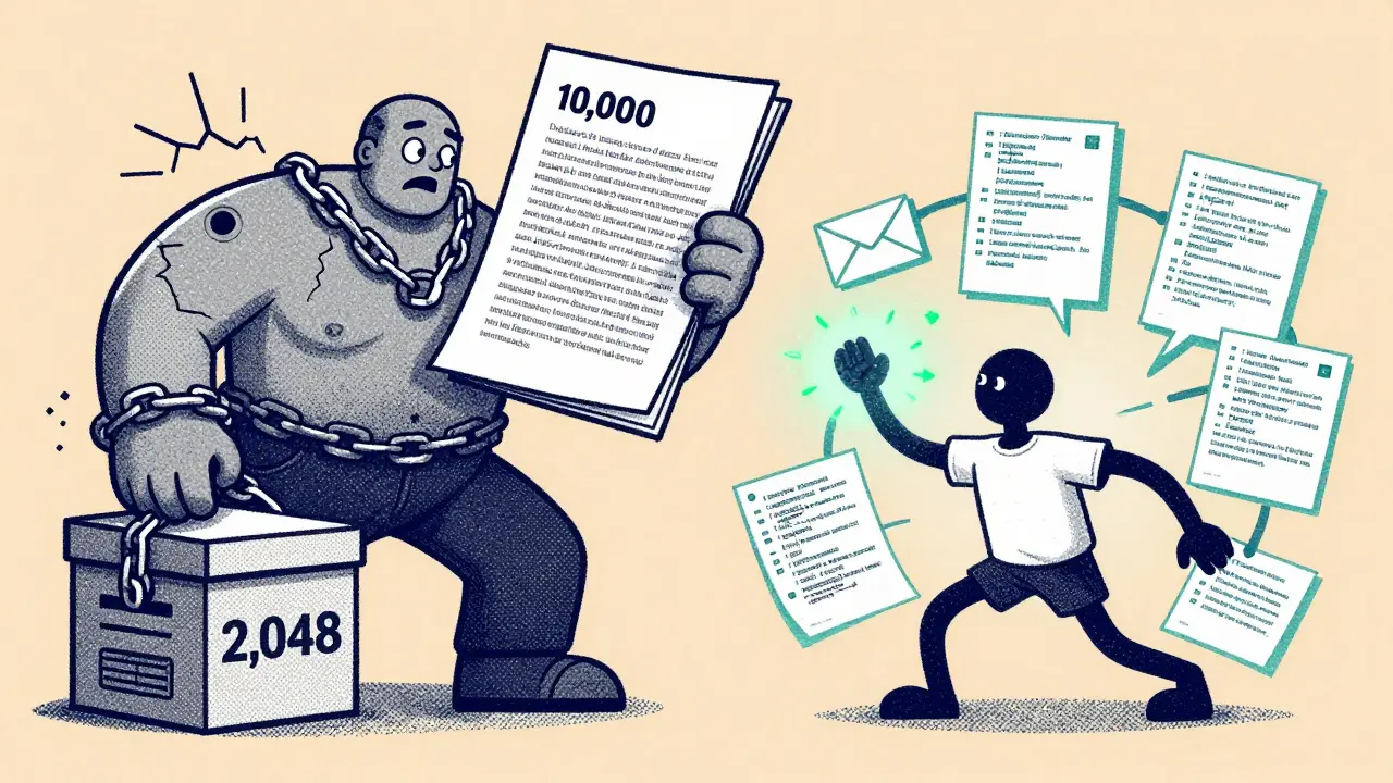 Two LLMs: one large and chained to a fixed token box, the other small and flexible, reaching across documents of different lengths.