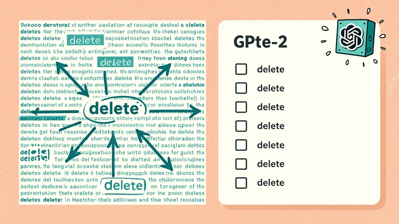 Two prompts side by side: one messy and long, the other clean and concise, with tokens dissolving away.