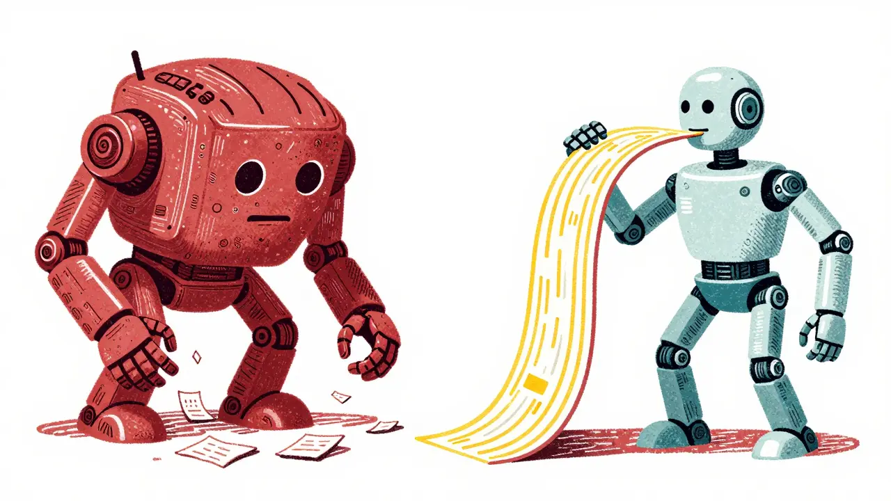 Two robots comparing efficiency with data streams in cartoon style