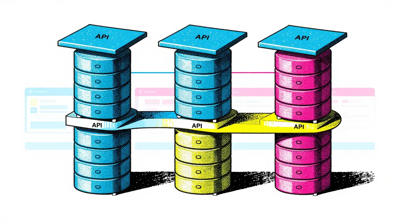 Vertical pillars representing full-stack software architecture slices.