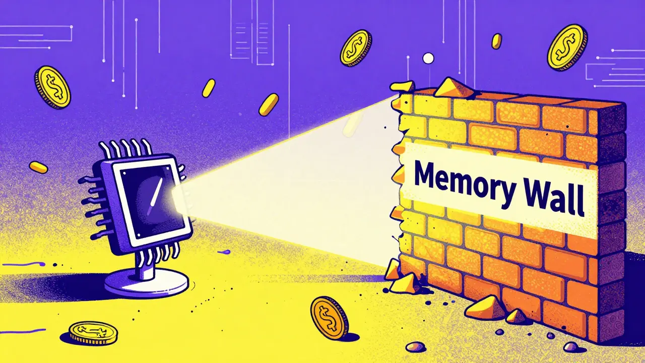 A computer chip breaking through a memory wall to access a vast digital landscape.