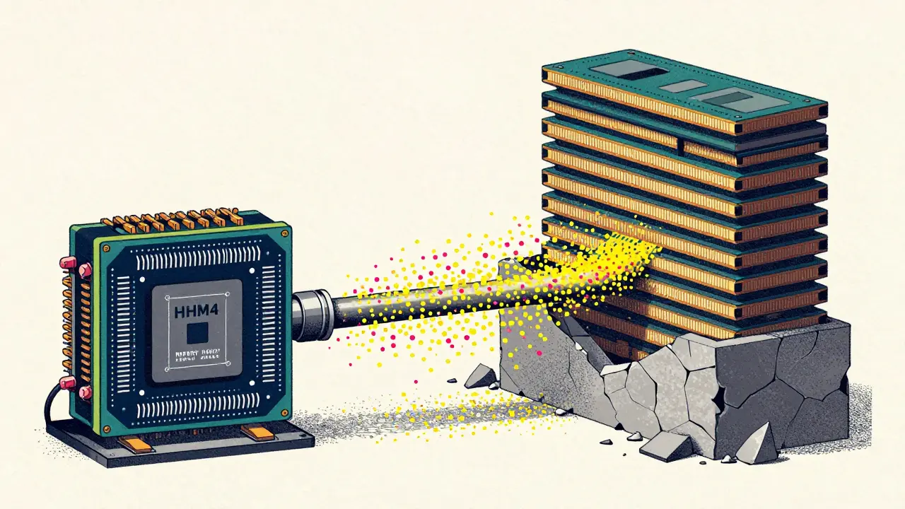 A conceptual risograph illustration of data flowing from HBM4 memory to a CPU.