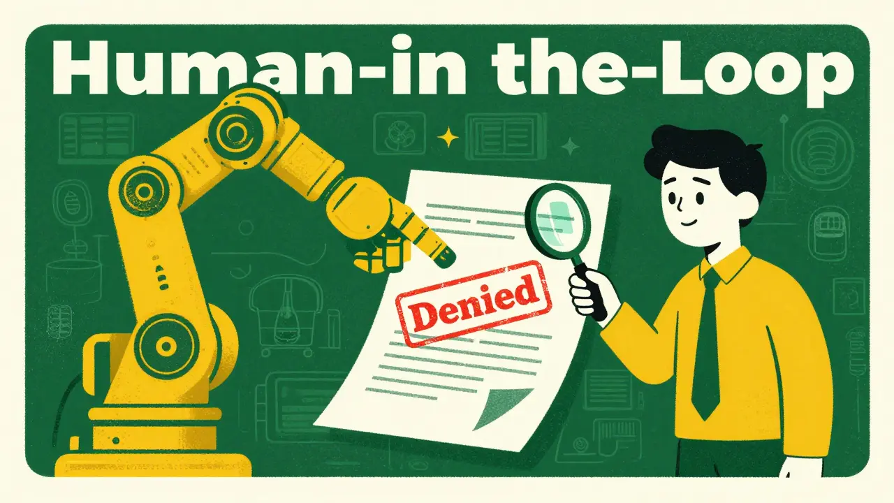 A human operator overriding an AI's decision on a document to ensure fairness.