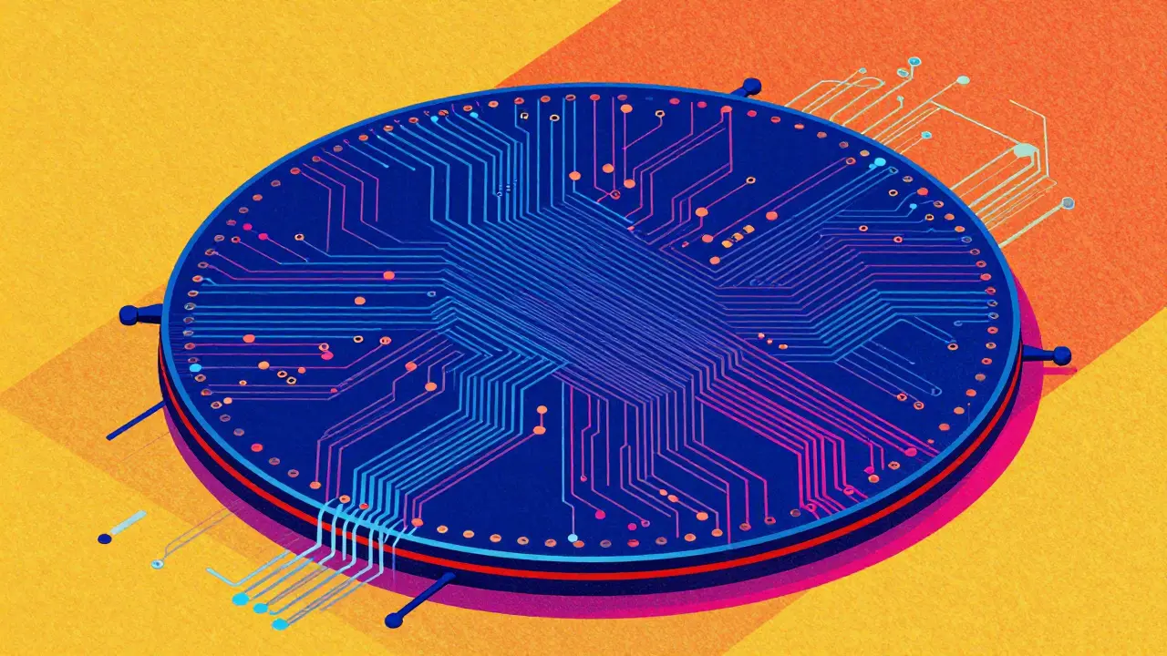 A risograph illustration of a circular wafer-scale engine with liquid cooling.