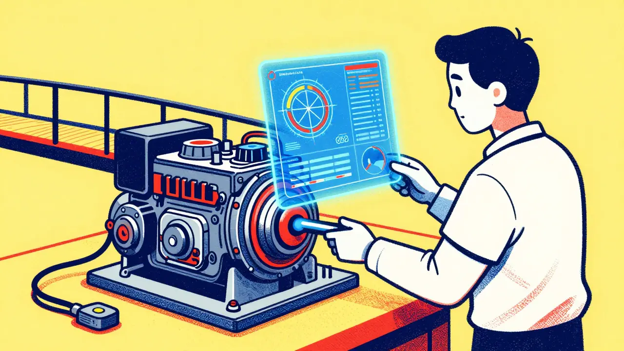 A robot projecting a data overlay onto a machine to help a technician, in risograph illustration.