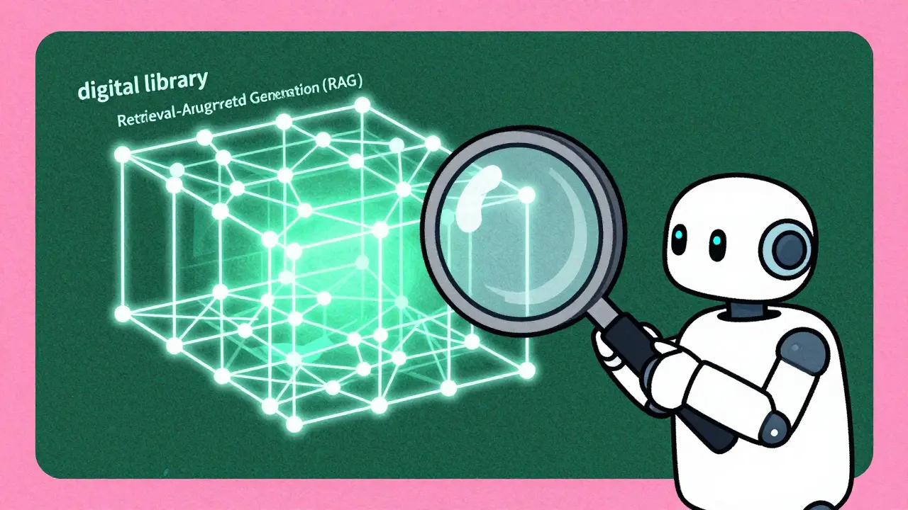 A robot using a magnifying glass to search a structured grid of data nodes in risograph art.