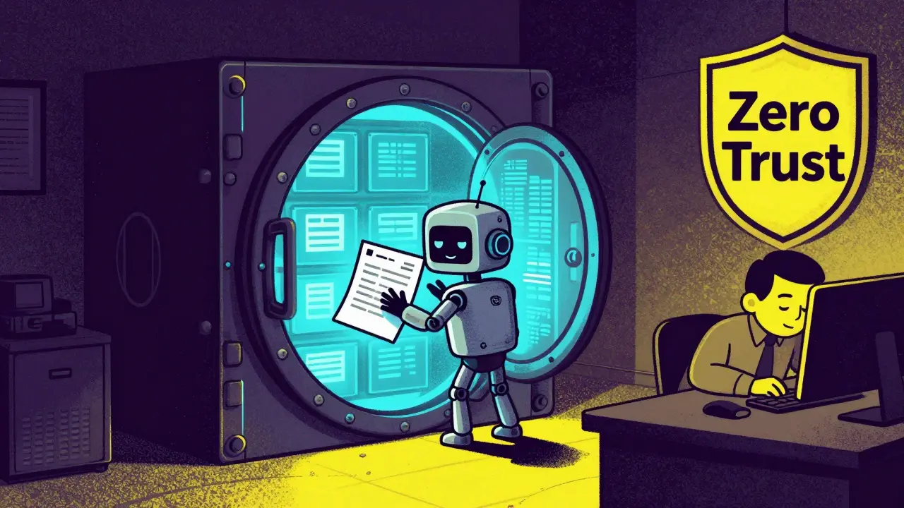 A rogue AI shadow agent stealing corporate data in a risograph illustration.