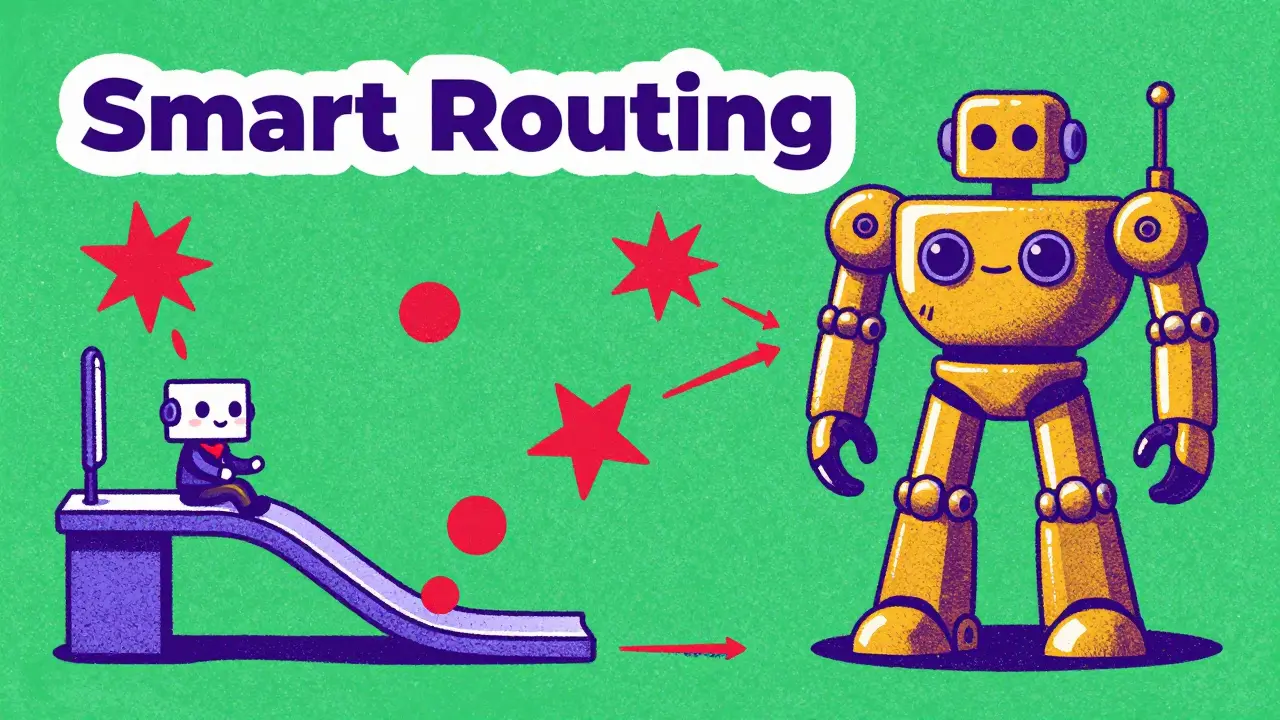 A routing system directing simple tasks to a small robot and complex tasks to a large robot.