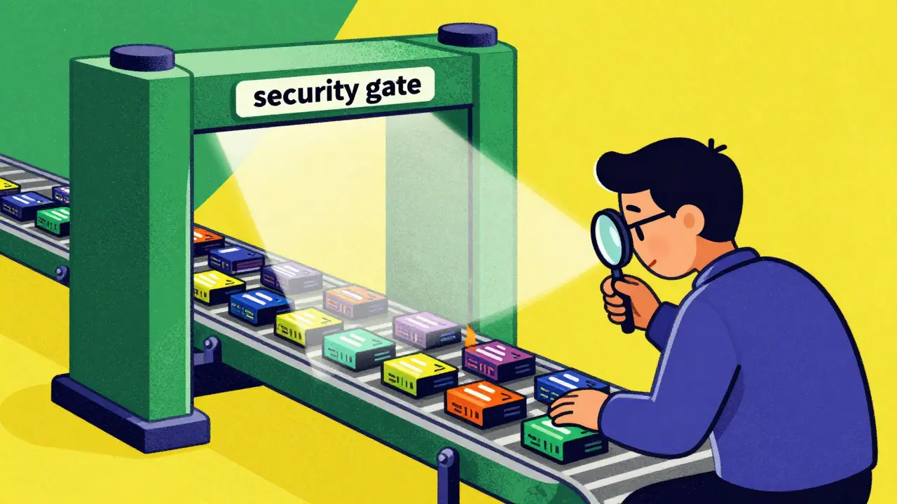 A security checkpoint for AI code with a human reviewer in risograph style