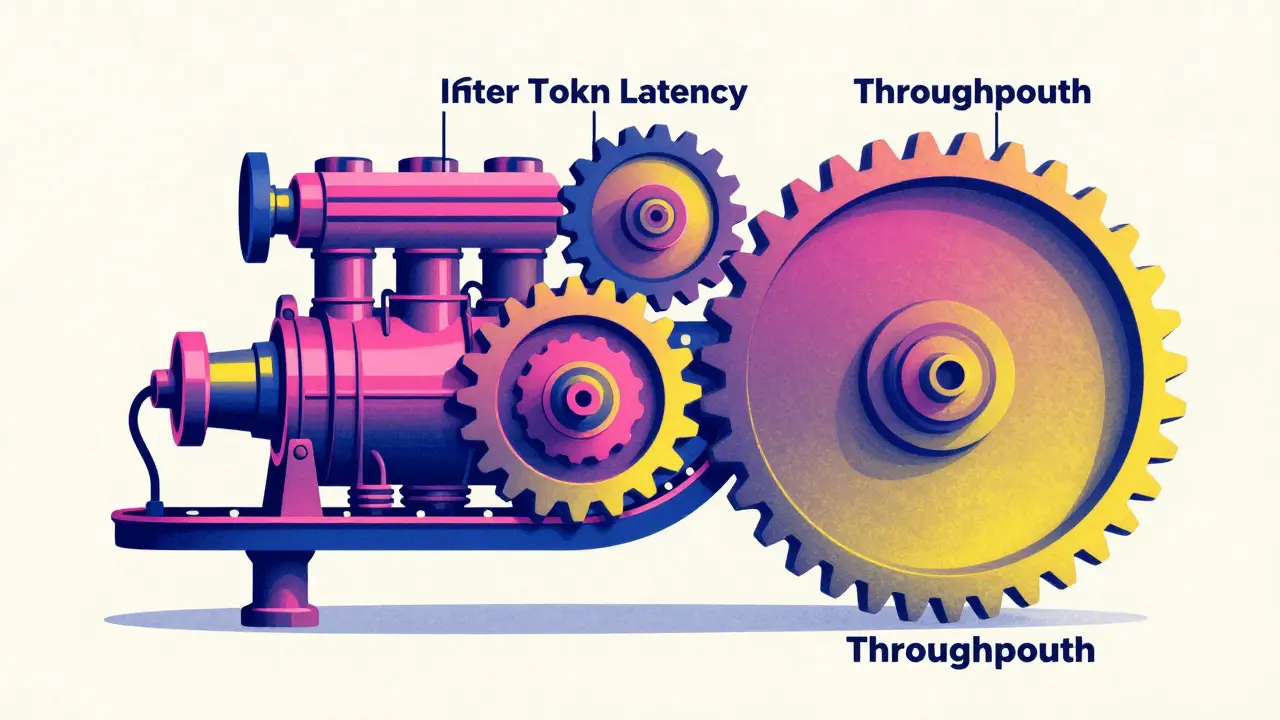 A stylized mechanical engine showing the different stages of LLM speed and throughput.