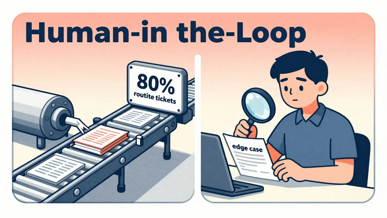 AI processing routine tickets while a human expert focuses on a complex technical edge case.