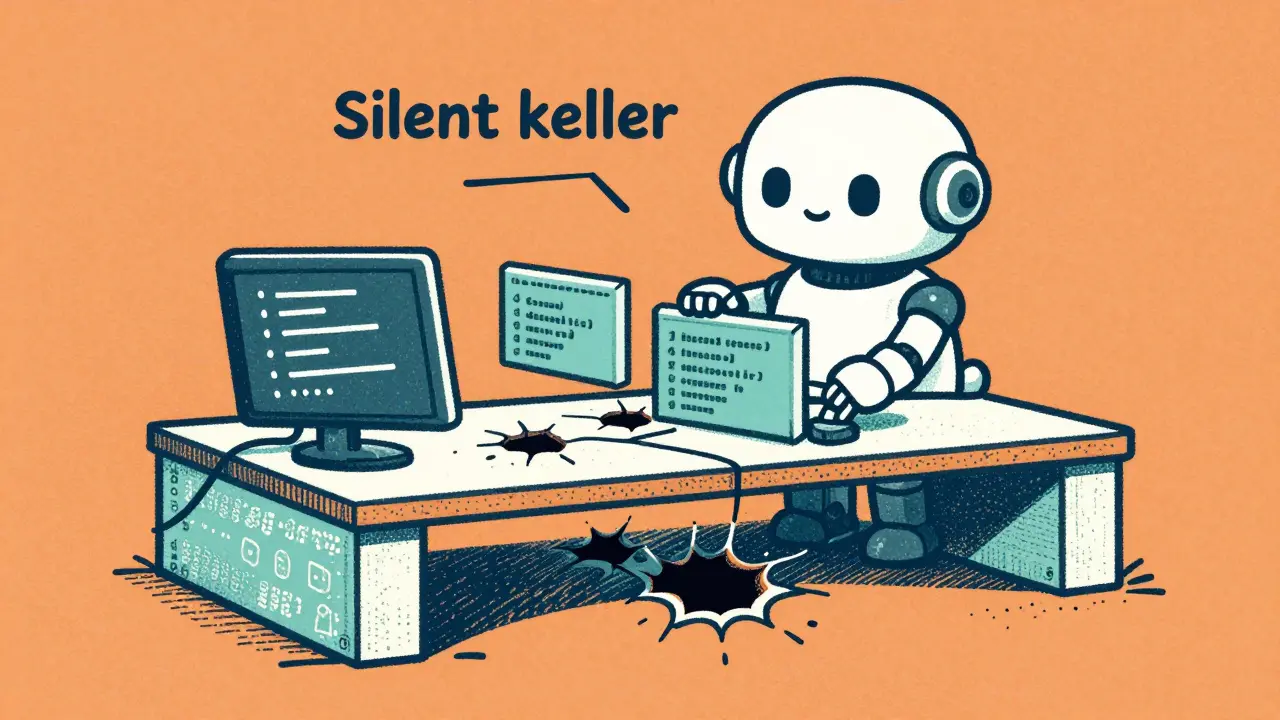 An AI robot building a bridge of code with hidden structural flaws