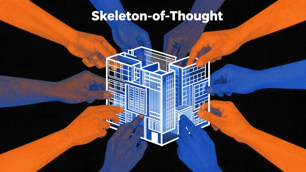 An architectural skeleton being completed by multiple hands in a risograph illustration.