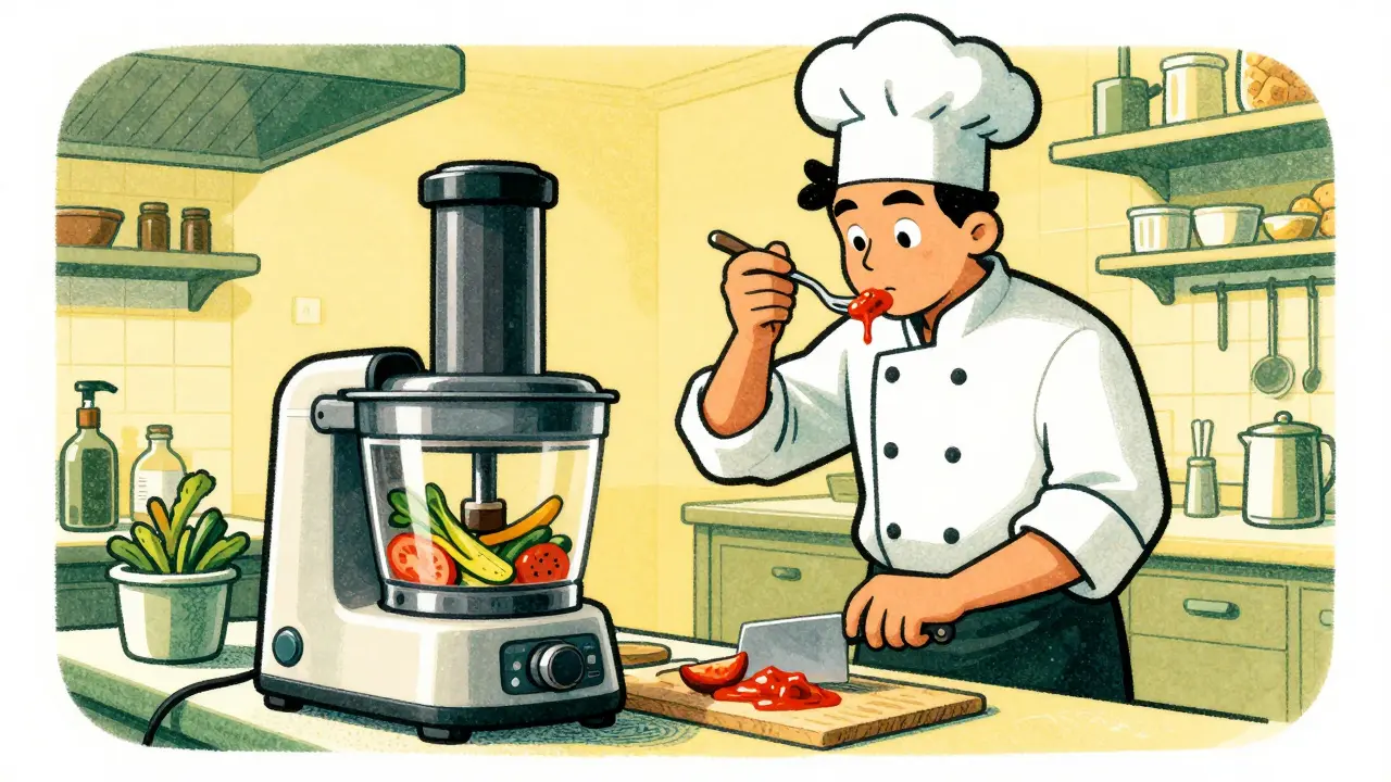Chef using a food processor while tasting sauce to symbolize AI automation and human quality control.